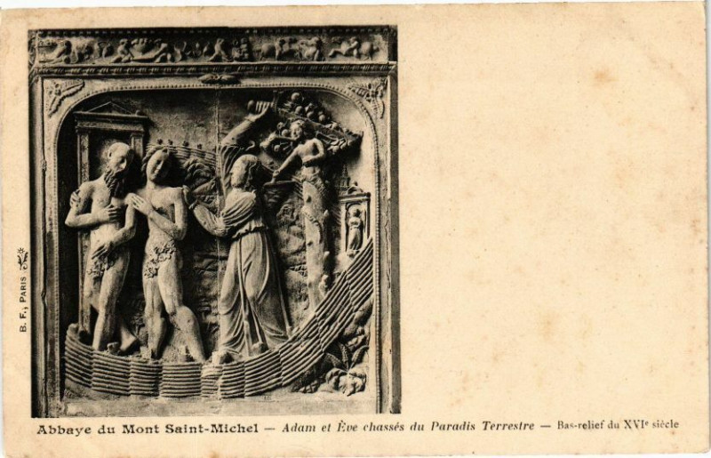 Carte postale ancienne Abbaye du Mont-Saint-Michel - Adam et Eve chasses du Paradis