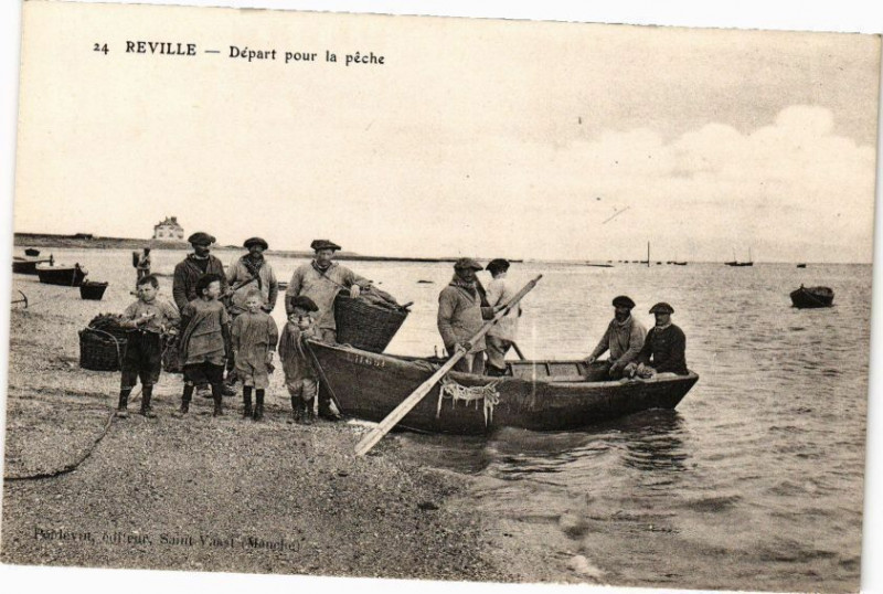 Carte postale ancienne Reville - Départ pour la Peche à Réville