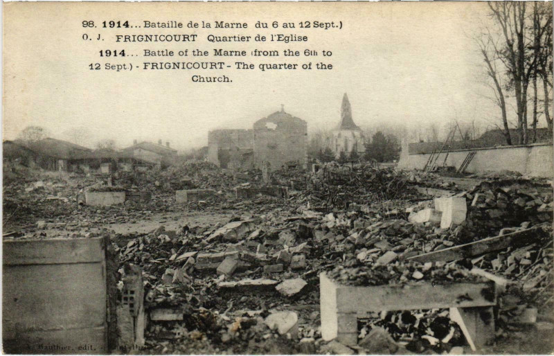 Carte postale ancienne Militaire - Frignicourt - Quartier de l'Eglise à Frignicourt