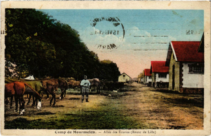 Carte postale ancienne Militaire - Camp de Mourmelon - Allée des Ecuries
