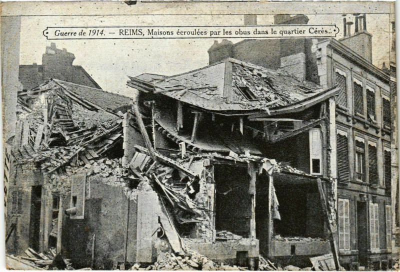 Carte postale ancienne Reims - Maisons ecroulées par les obus dans le quartier Ceres à Reims