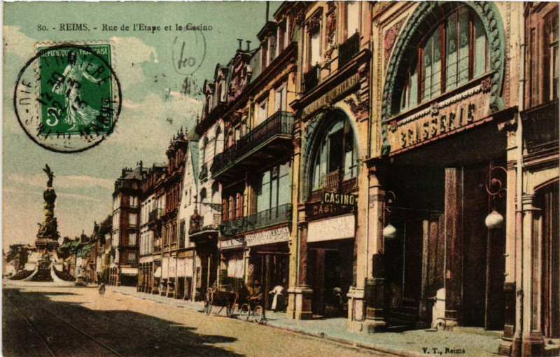 Carte postale ancienne Reims Rue de l'Etape et le Casino à Reims