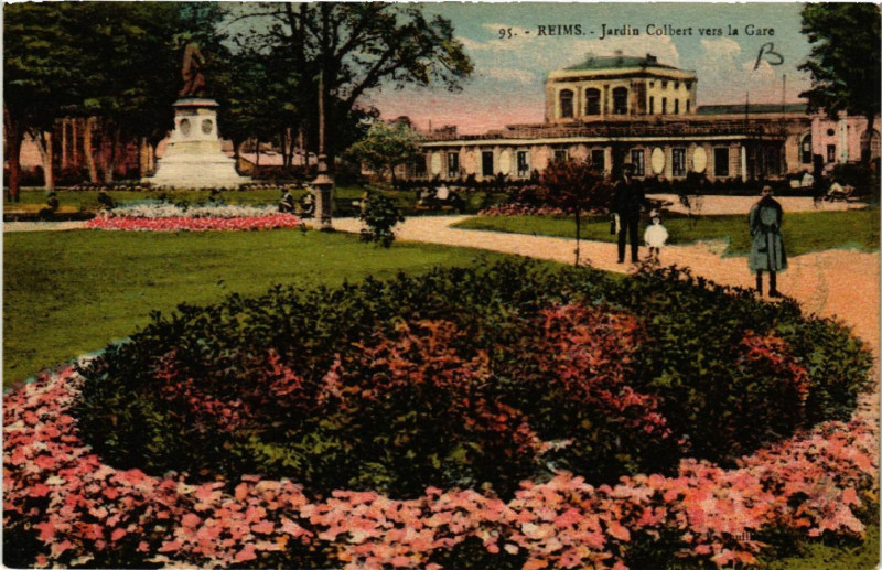 Carte postale ancienne Reims Jardin Colbert vers la Gare à Reims