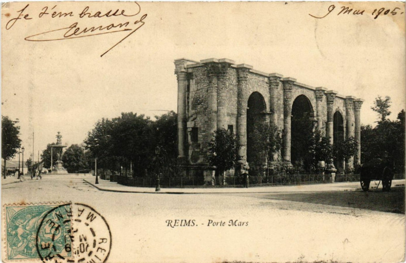 Carte postale ancienne Reims-Porte Mars à Reims