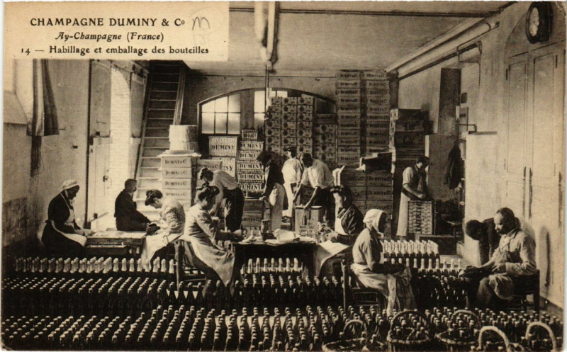 Carte postale ancienne Champagne Duminy et Co - Habillage et emballage des bouteilles à Aÿ-Champagne