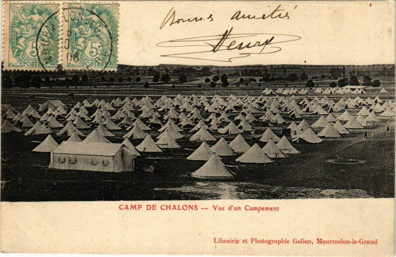 Carte postale ancienne Camp de Chalons - Vue d'un Campement