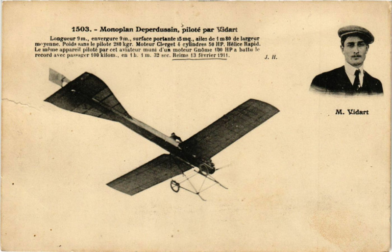 Carte postale ancienne Monoplan Deperdussin pilote par Vidart