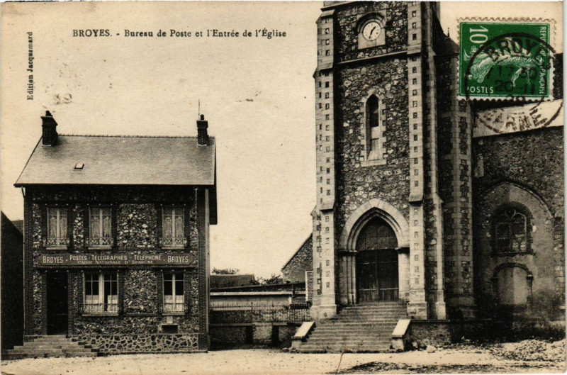 Carte postale ancienne Broyes - Bureau de Poste et l'Entrée à Broyes