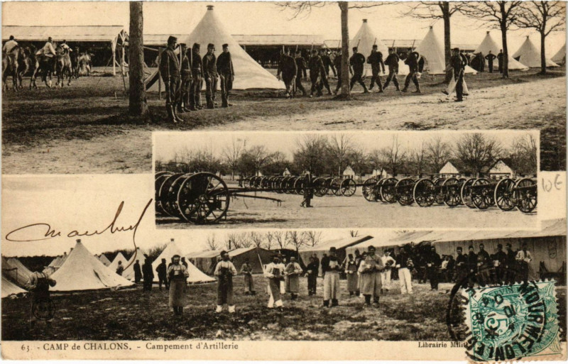 Carte postale ancienne Camp de Chalons - Campement d'Artillerie