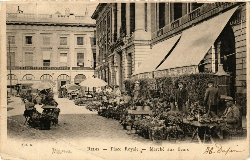 Carte postale ancienne Reims-Place Royale Marché aux fleurs à Reims