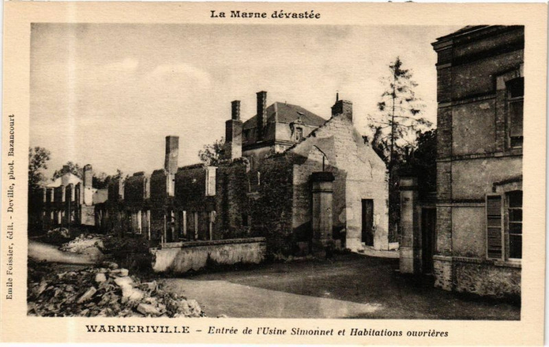 Carte postale ancienne La Marne devastée Warmeriville Entrée de l'Usine Simonnet et... à Warmeriville