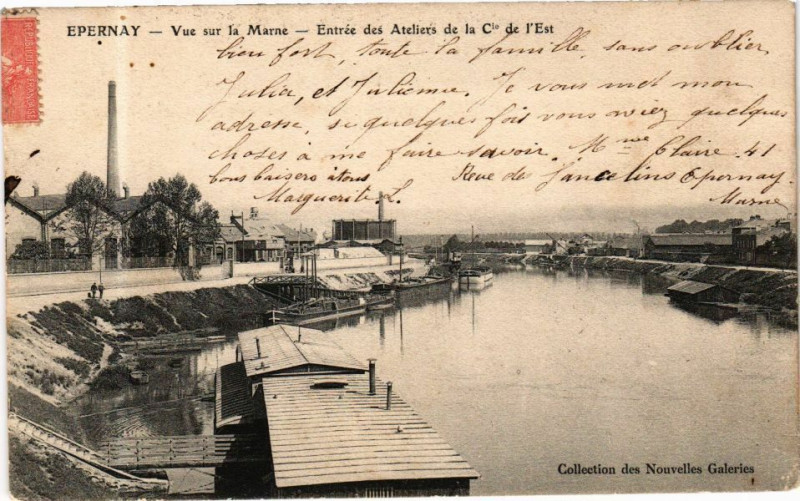 Carte postale ancienne Epernay Vue sur la Marne Entrée des Ateliers de la Cle de l'Est à Épernay
