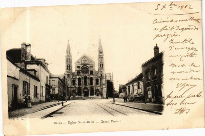 Carte postale ancienne Reims - Eglise Saint-Remi - Grand Portail à Reims