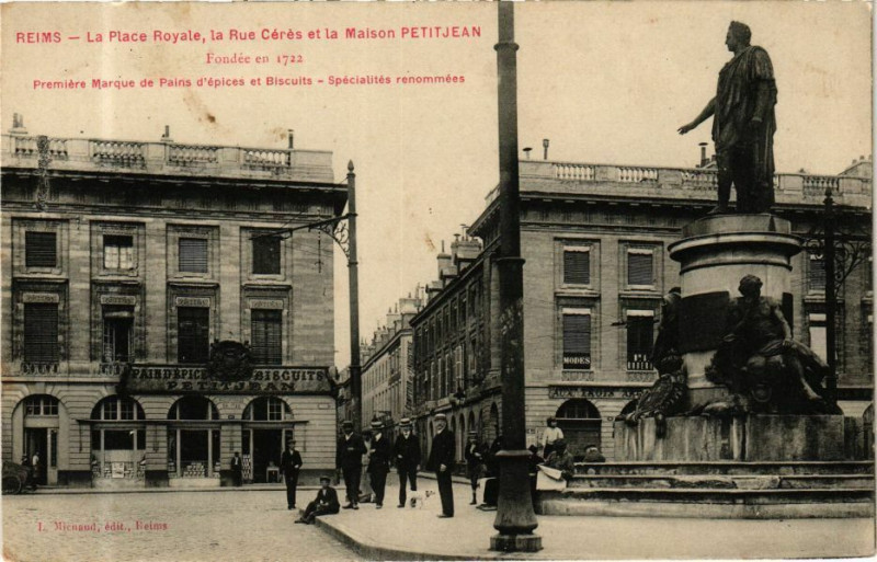 Carte postale ancienne Reims - La Place Royale la Rue Ceres et la Maison Petitjean - à Reims