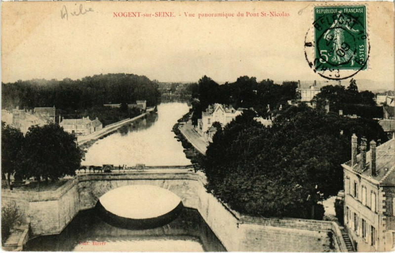 Carte postale ancienne Nogent-sur-Seine - Vue panoramique du Pont Saint-Nicolas à Nogent-sur-Seine