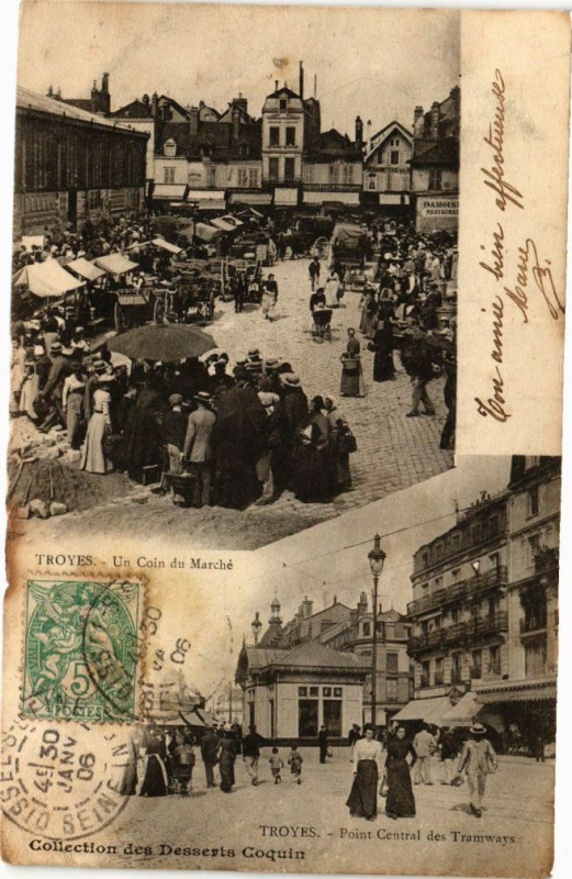 Carte postale ancienne Troyes - Un coin du Marché, Point centrale des Tramways à Troyes