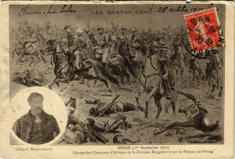 Carte postale ancienne Sedan Charge des Chasseurs d'Artique à Sedan