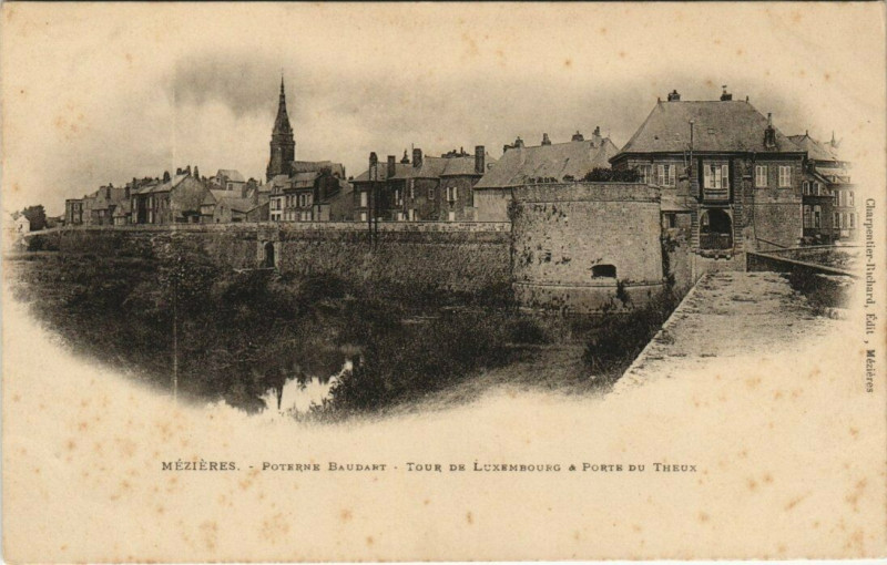 Carte postale ancienne Mezieres - Ponterne baudart - tour de luxembourg & porte du theux