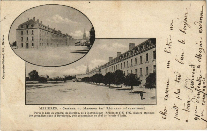 Carte postale ancienne Mezieres - Casserne du merbion