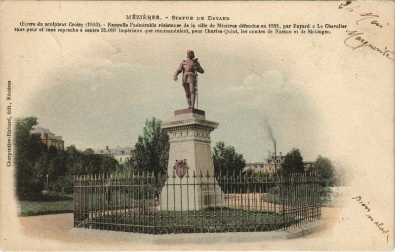 Carte postale ancienne Mezieres - Statue de bayard