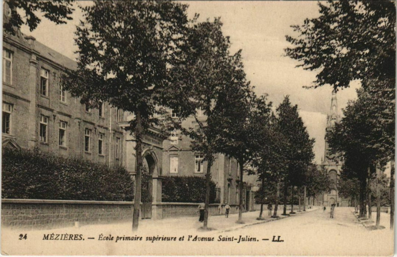 Carte postale ancienne Mezieres - Ecole primaire superieure et l'Avenue Saint-Julien à Aire