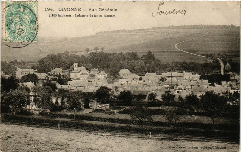Carte postale ancienne Givonne - Vue Générale (1183 habitants) Industrie de fer et ... à Givonne