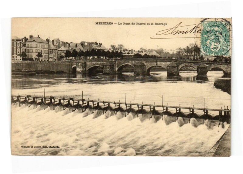 Carte postale ancienne Mezieres - Le Pont de Pierre et le Barrage