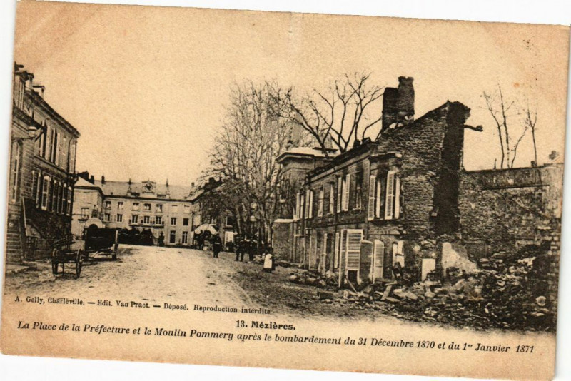 Carte postale ancienne Mezieres - La Place de la Préfecture et le Moulin Pommery aprés...