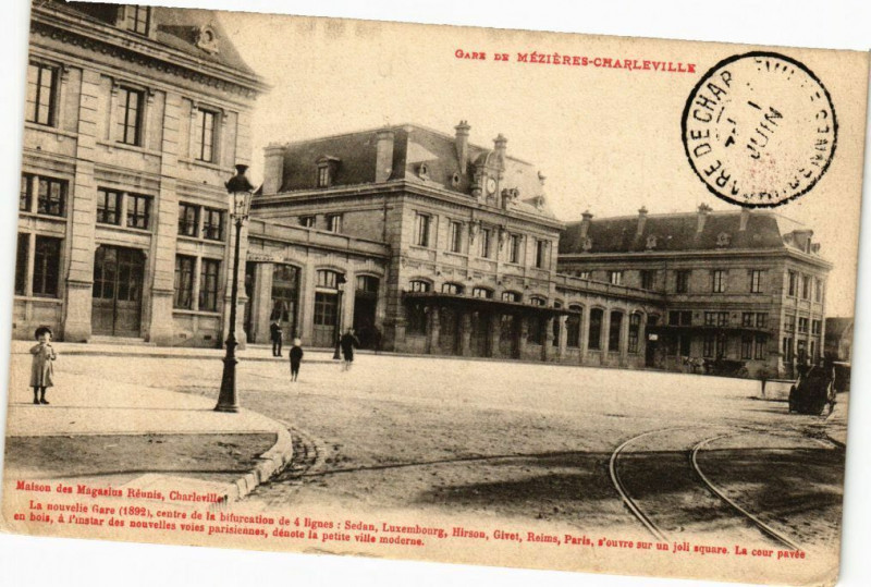 Carte postale ancienne Gare de Mezieres - Charleville - Maison des Magasine Réunis .. à Son