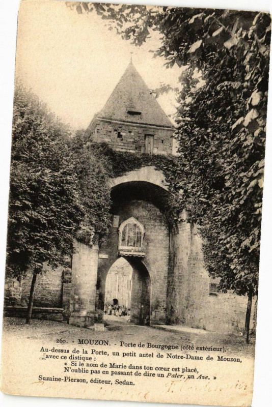 Carte postale ancienne Mouzon - Porte de Bourgogne(coté extérier) - Au dessus de la Porte à Mouzon