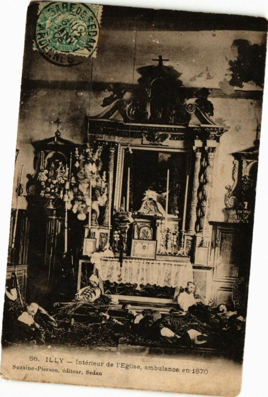 Carte postale ancienne Illy - Intérieur de l'Eglise, ambulance en 1870 à Illy