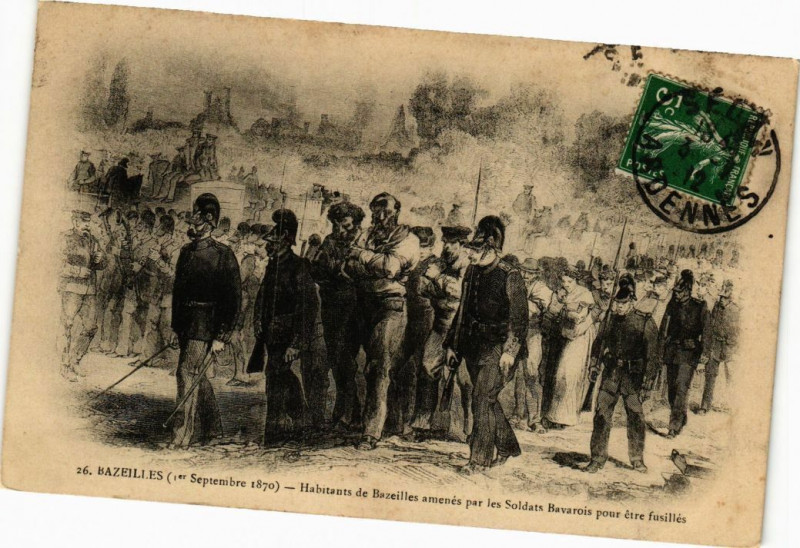 Carte postale ancienne Bazeilles (1er Septembre 1870) Habitants de Bazeiles amenés par.. à Bazeilles