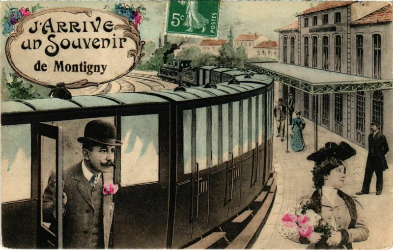 Carte postale ancienne J'Arrive un Souvenir de Montigny