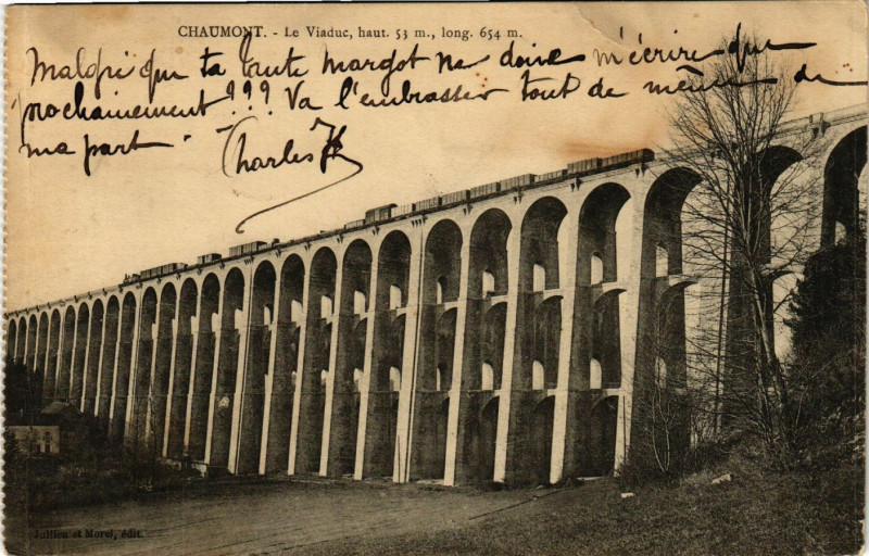 Carte postale ancienne Chaumont - Le Viaduc, haut 53 m, long. 654 m à Chaumont