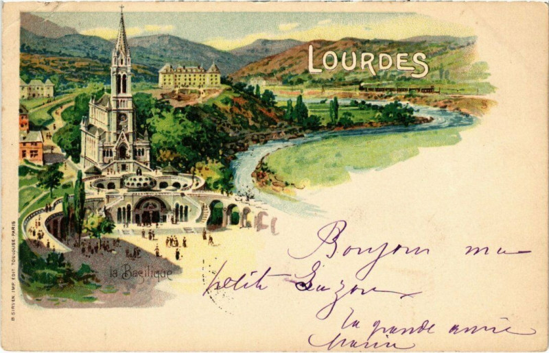 Carte postale ancienne Litho Lourdes - La Basilique à Lourdes