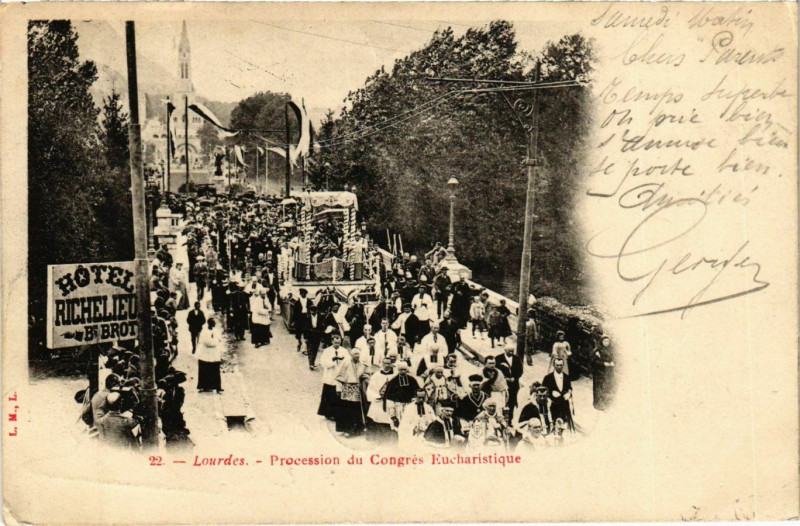 Carte postale ancienne Lourdes Procession Congrés Eucharistique à Lourdes