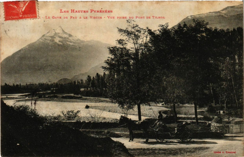 Carte postale ancienne Le Gave de Pau et le Viscos - Vue prise du Pont de Tilhol à Viscos