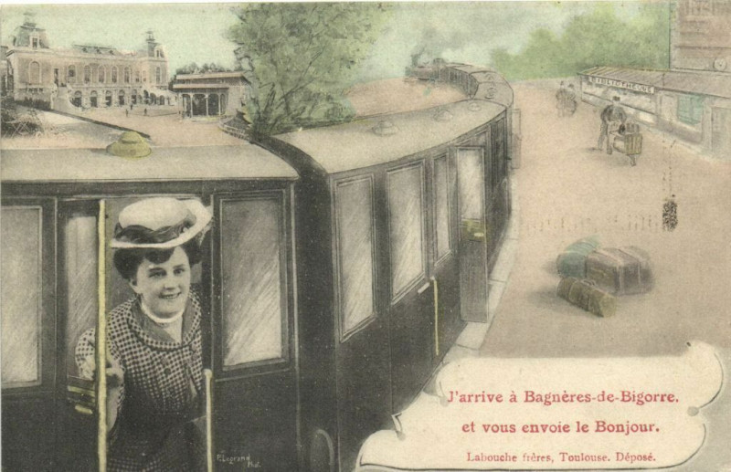 Carte postale ancienne J'arrive a Bagneres-de-Bigorre et vous envoie le Bonjour à Bagnères-de-Bigorre
