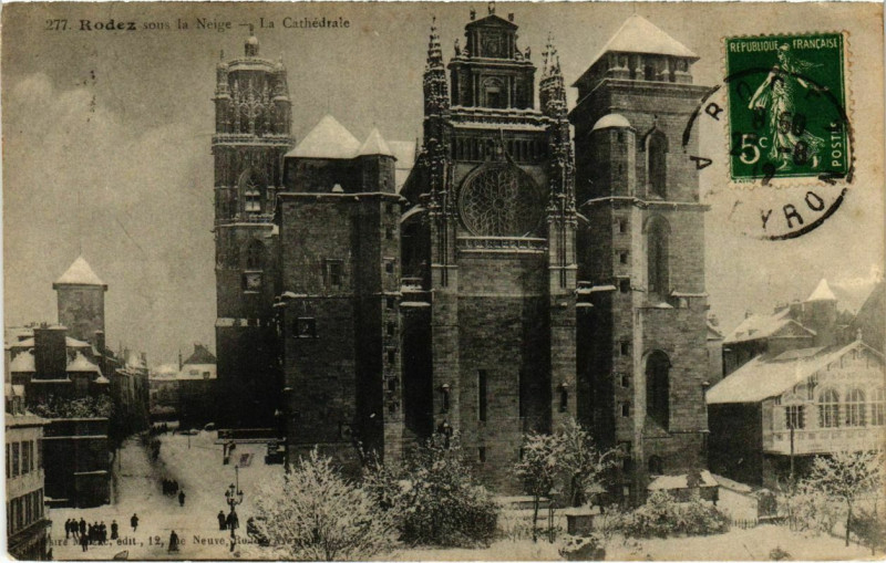 Carte postale ancienne Rodez son la Neige - La Cathédrale à Rodez
