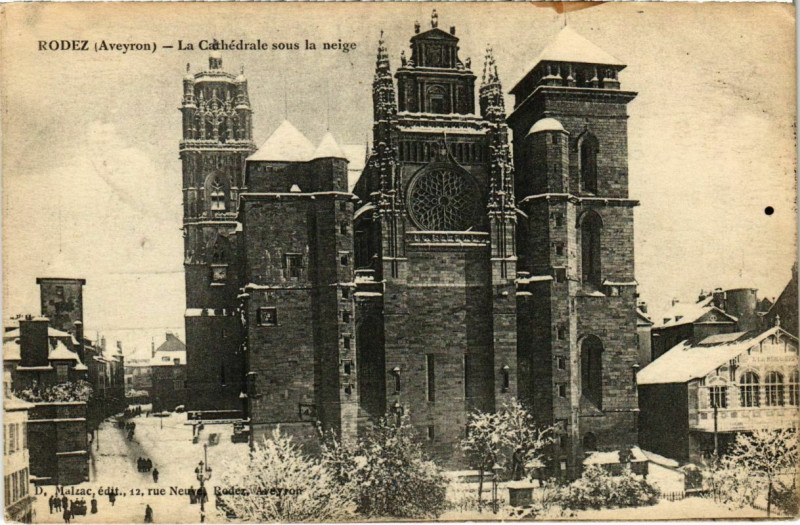 Carte postale ancienne Rodez - La Cathédrale sous la neige à Rodez