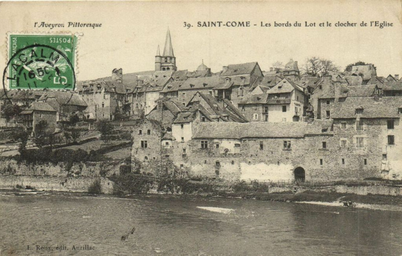 Carte postale ancienne Saint-Come - Les bords du Lot et le Clocher de l'Eglise