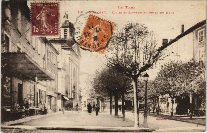 Carte postale ancienne Mazamet Eglise Saint Sauveur et Hotel du Nord à Mazamet