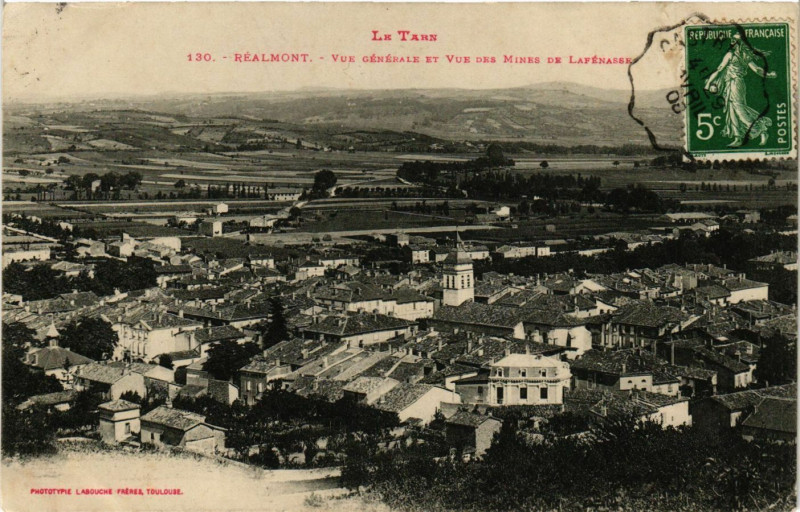 Carte postale ancienne Le Tarn Realmont - Vue générale et vue des mines de lafenasse à Réalmont