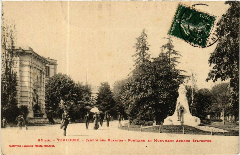 Carte postale ancienne Toulouse Jardin des Plantes-Fontaine et Monument Armand Sylvestre à Toulouse