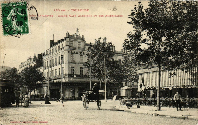 Carte postale ancienne Toulouse Carrefour Lafayette-Grand Café Albrighi et des Américaine à Toulouse