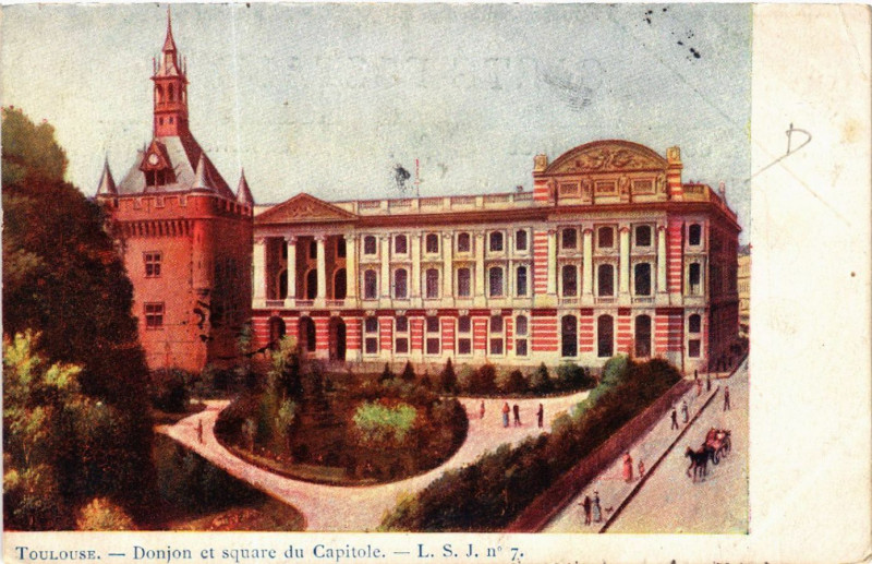Carte postale ancienne Toulouse - Donjon et square du Capitole à Toulouse