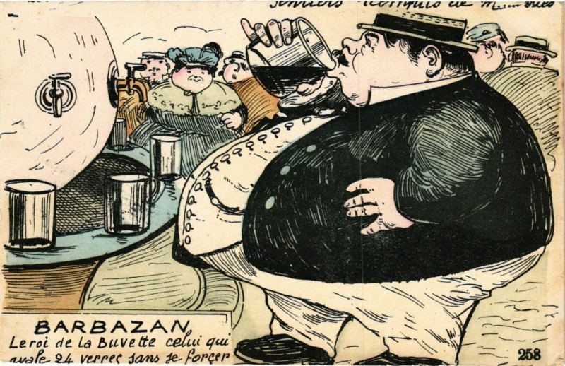 Carte postale ancienne Barbazan Le roi de la Buvette celui qui avale 24 verres à Barbazan