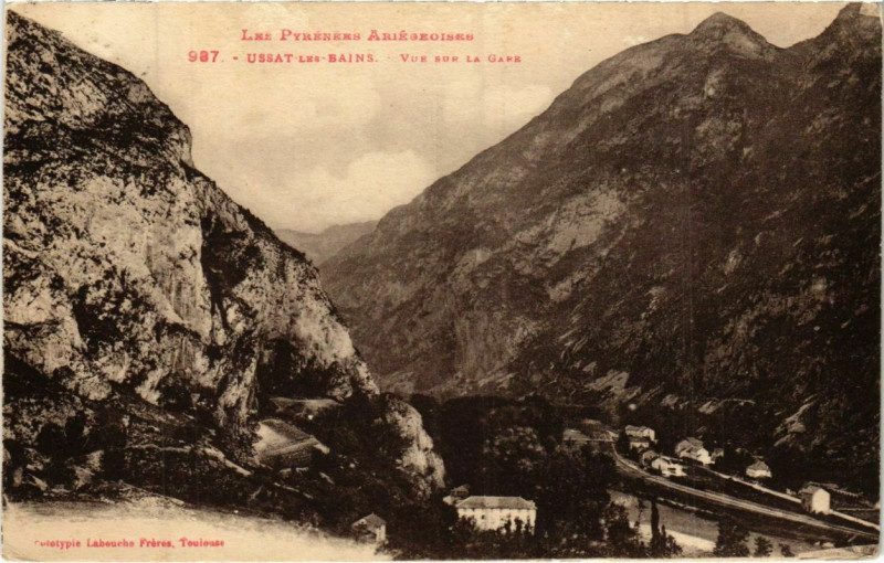 Carte postale ancienne Ussat les Bains- vue sur la Gare France à Ussat