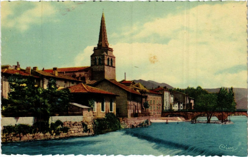 Carte postale ancienne Saint Girons- Eglise,Pont Dieux et les Digues France à Saint-Girons