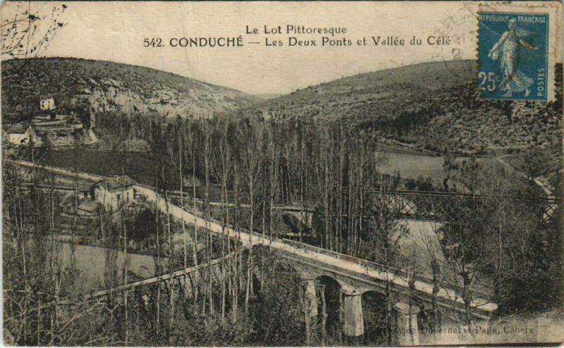 Carte postale ancienne Le Lot Pittoresque - Conduche - Les Deux Ponts ez Vallee du Cele